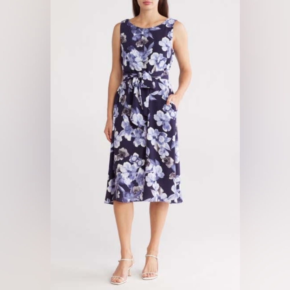Connected Apparel Floral Midi Dress - Blue and White